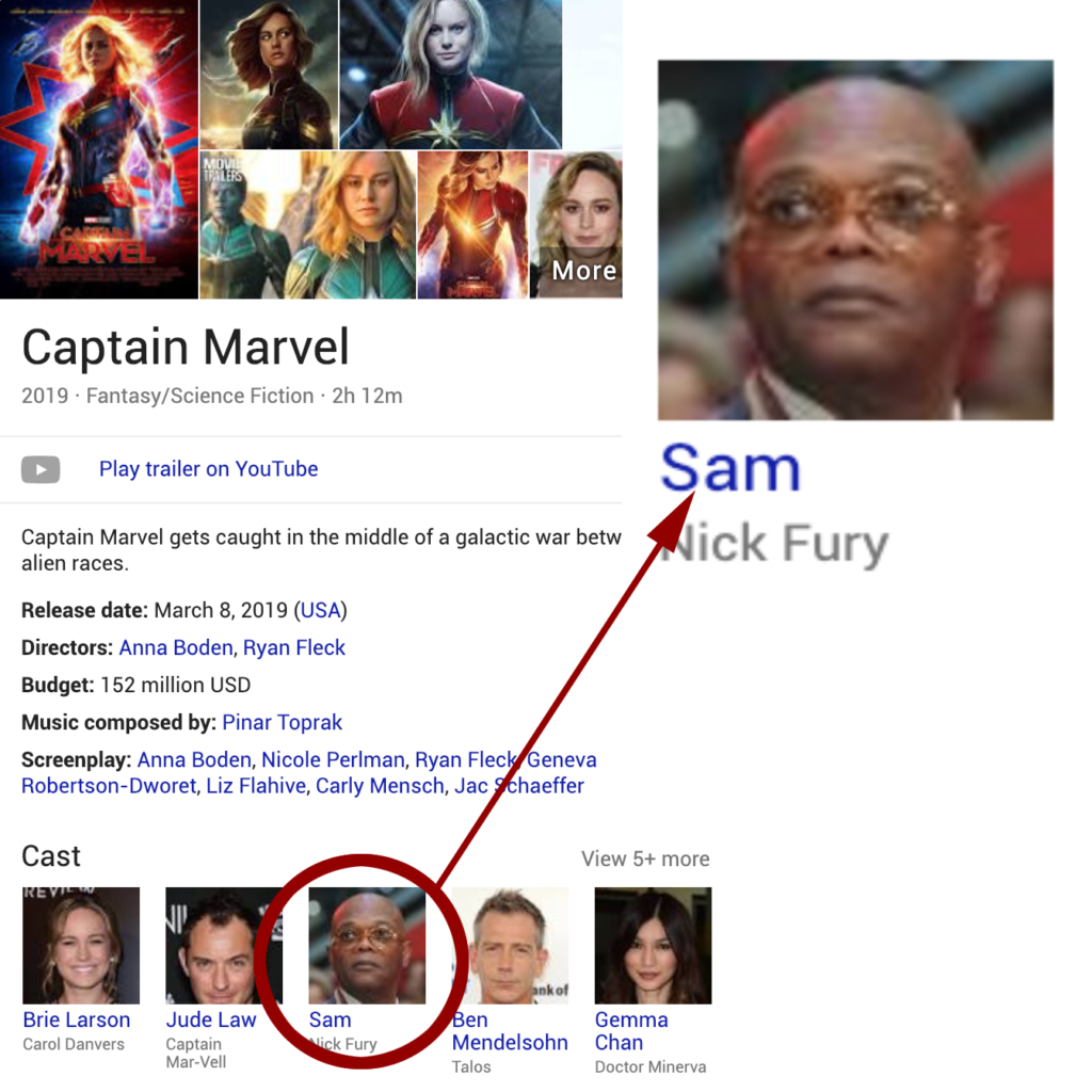  02/07/19 at 11:05 AM CST of the Google information about Captain Marvel, showing them truncating Samuel L Jackson's name to 'Sam'