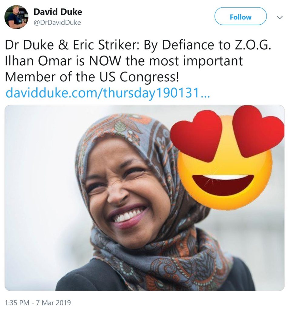 In response to statements revealing Omar's antisemitism, David Duke calles MN Rep Ilhan Omar the "Most important rep in Congress"